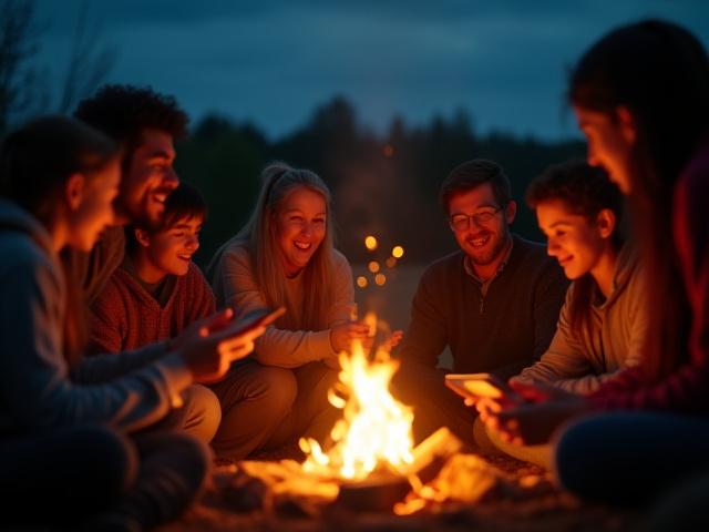 A group enjoying storytelling around a warm campfire at night, sparks flying.