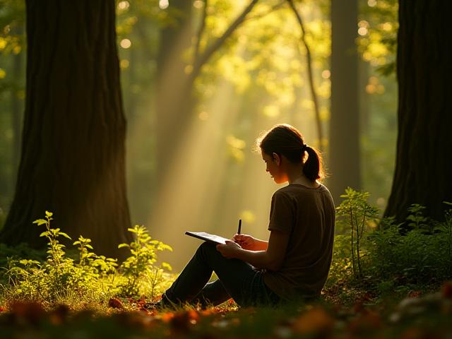 A writer sketching in a vibrant forest, sunlight filtering through trees.