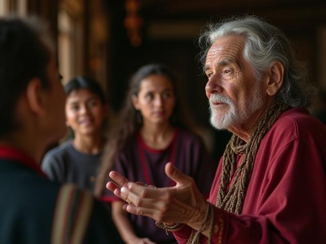 An elder sharing a story with rapt listeners in a traditional setting.