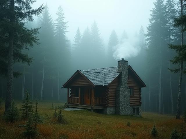 A serene cabin in a misty forest, ideal for a writing retreat.