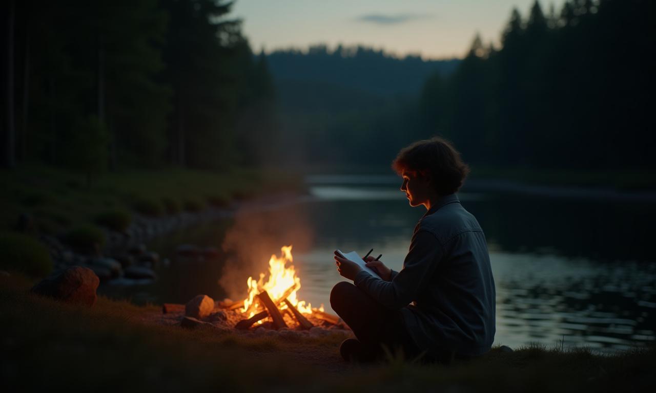Person writing in a notebook by a calming campfire at dusk, surrounded by nature.