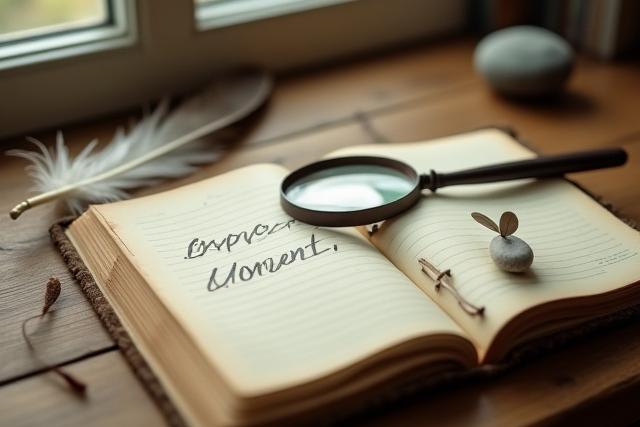 Journal next to a magnifying glass, focusing on a single word 'Experience', illustrating the universal in personal details.