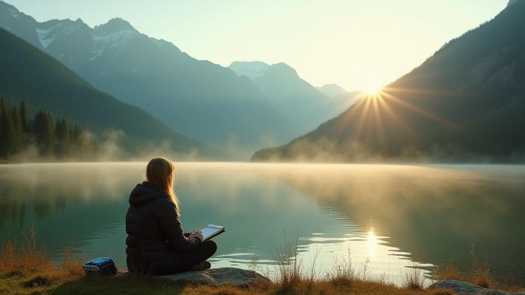 A person journaling peacefully by a calm lake with mountains in the background, bathed in soft morning light.