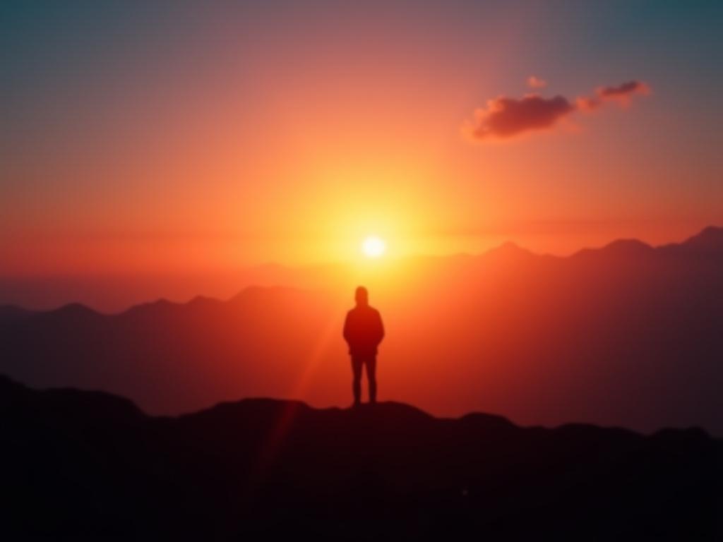Person silhouetted against a setting sun, meditating or simply gazing at a vast natural landscape, symbolizing disconnection from technology.