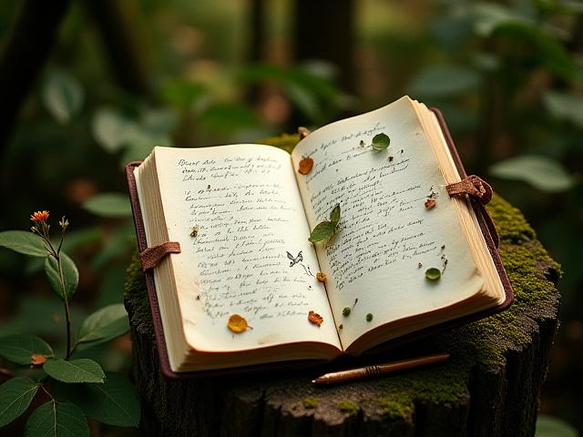 Open journal with nature sketches and handwritten notes, placed outdoors on a tree stump with forest in the background.