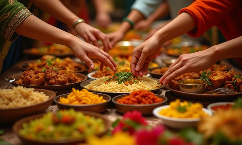 A vibrant Indian feast laid out beautifully, with hands reaching for food