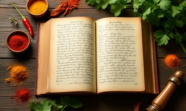An old cookbook open to a handwritten recipe, with spices and fresh herbs around it