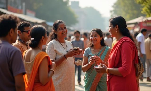 Diverse group of people sharing stories in a bustling city square