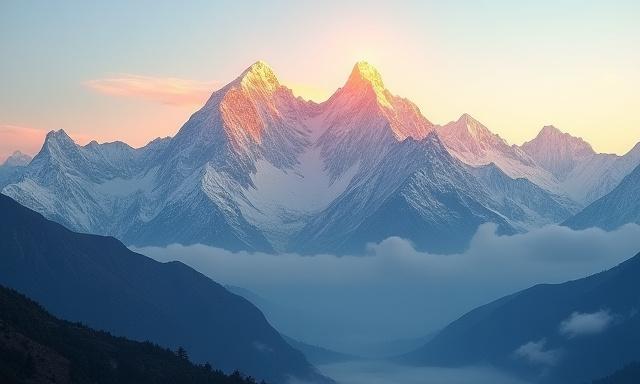 Majestic Himalayan peaks at sunrise, with a subtle depiction of ancient texts or symbols