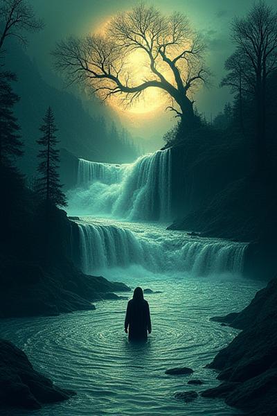 Book cover for 'The River's Tale' depicting a mystical river and a figure