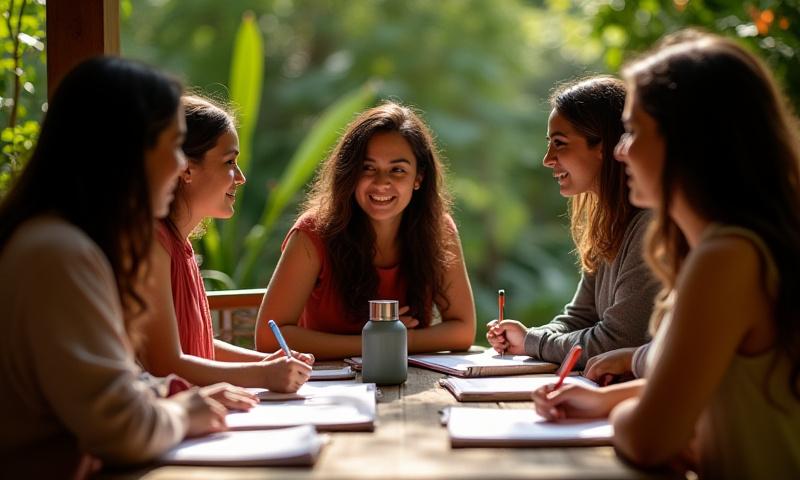 Workshop facilitator guiding a group of writers in a scenic outdoor setting during the day
