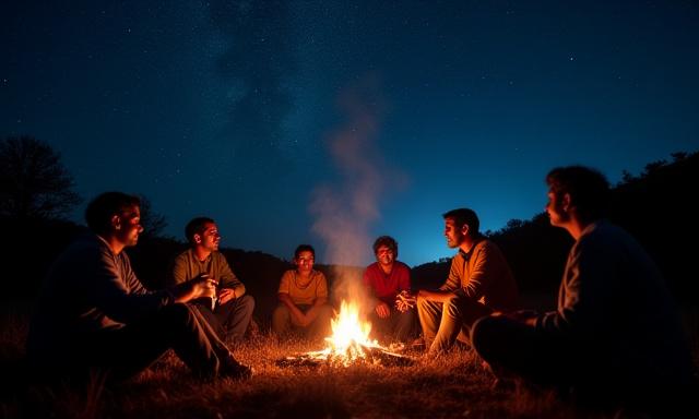 Group of people sitting around a campfire at night, looking up at a starry sky, some sharing stories