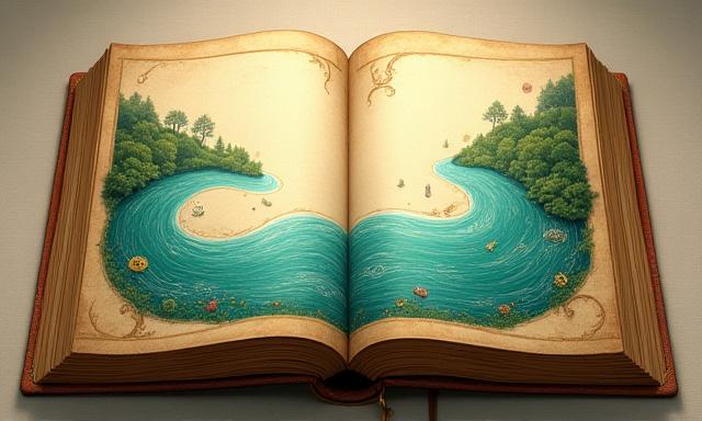 Open book with an illustration of a flowing river and ancient symbols