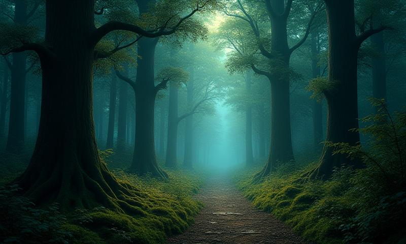 Detailed scene of forest, with ethereal light and sound waves depicted