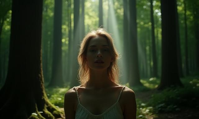 Person listening intensely in a mystical forest, light filtering through trees