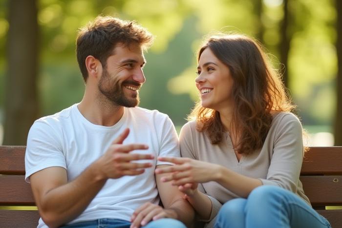 Two friends sitting on a park bench, one actively listening to the other who is speaking animatedly, conveying intimacy and trust, with soft natural light.