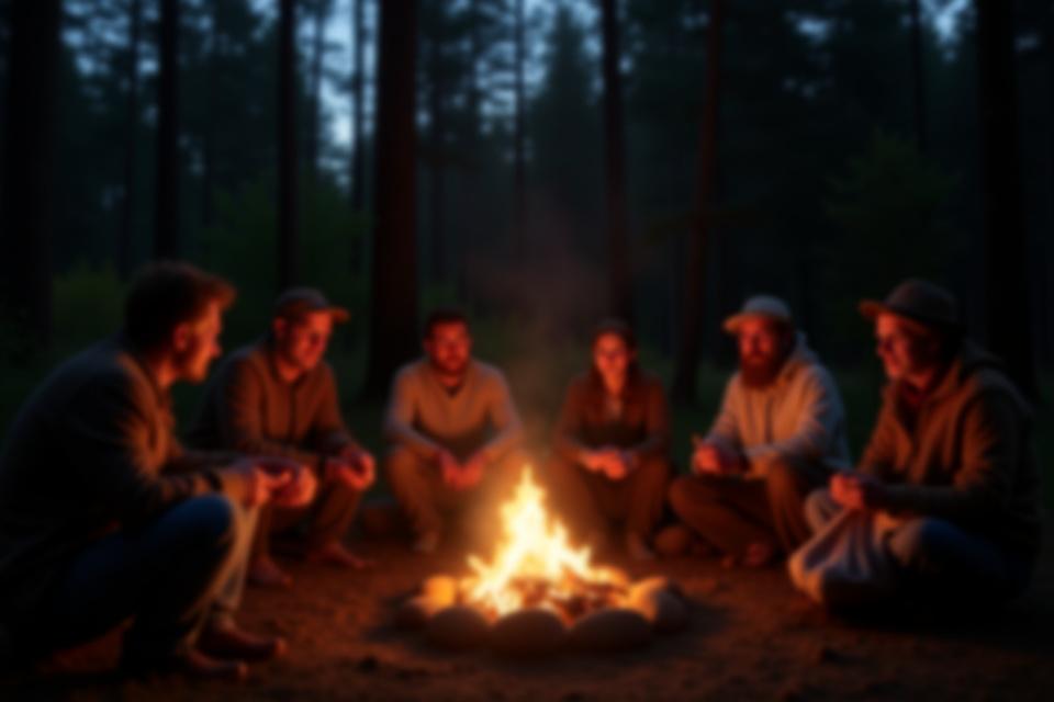 A group of diverse people gathered around a campfire, listening intently to a storyteller, illuminated by warm firelight under a starry sky.