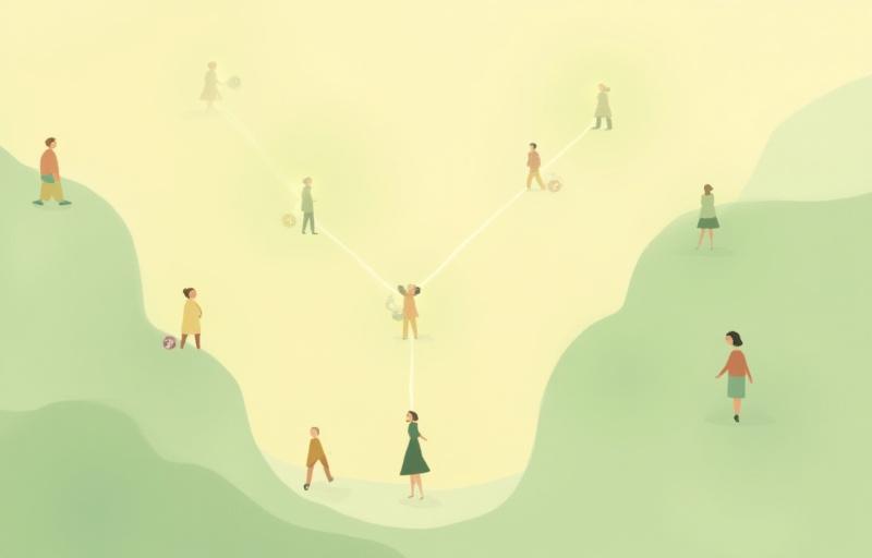 An abstract illustration showing interconnected nodes or human figures, symbolizing human connection and empathy through invisible threads, rendered in soft, organic colors.