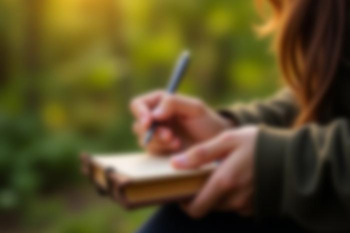 A person writing in a journal outdoors in nature, surrounded by trees and soft light, emphasizing reflection and personal narrative development.