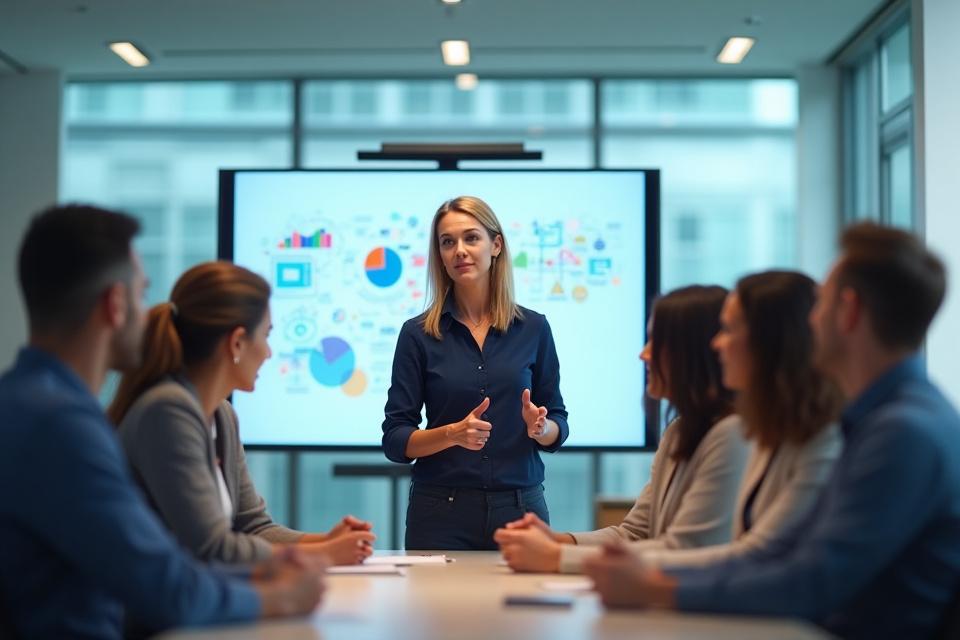 A confident team leader presenting to a diverse group of colleagues in a modern, collaborative office space, using a storytelling style to engage them, with graphics illustrating vision.